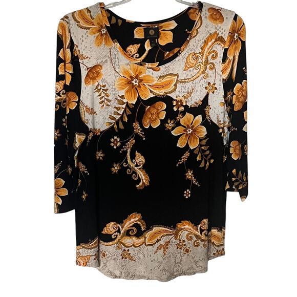 JM CCOLLECTION LONG SLV PULL-OVER RND NECK TOP, WOMENS, XL, BLACK, YELLOW FLORAL - Picture 1 of 12